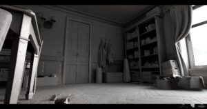 Monochrome room with shelves and scattered items.