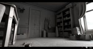 Monochrome room with shelves and scattered items.