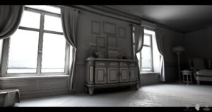Grey living room, windows, cabinet, armchair.