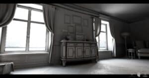 Grey living room, windows, cabinet, armchair.