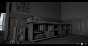Bookshelf with speaker and audio equipment in room.