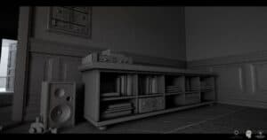 Bookshelf with speaker and audio equipment in room.