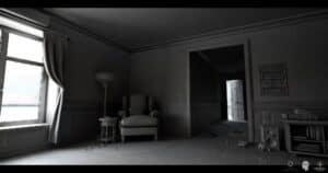 Dimly lit, vintage-themed room with open door.