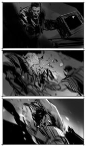 Black and white comic strip with action scenes.