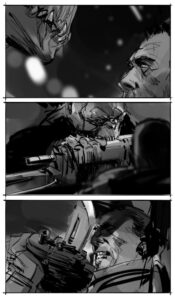 Three black-and-white comic panels with action scenes