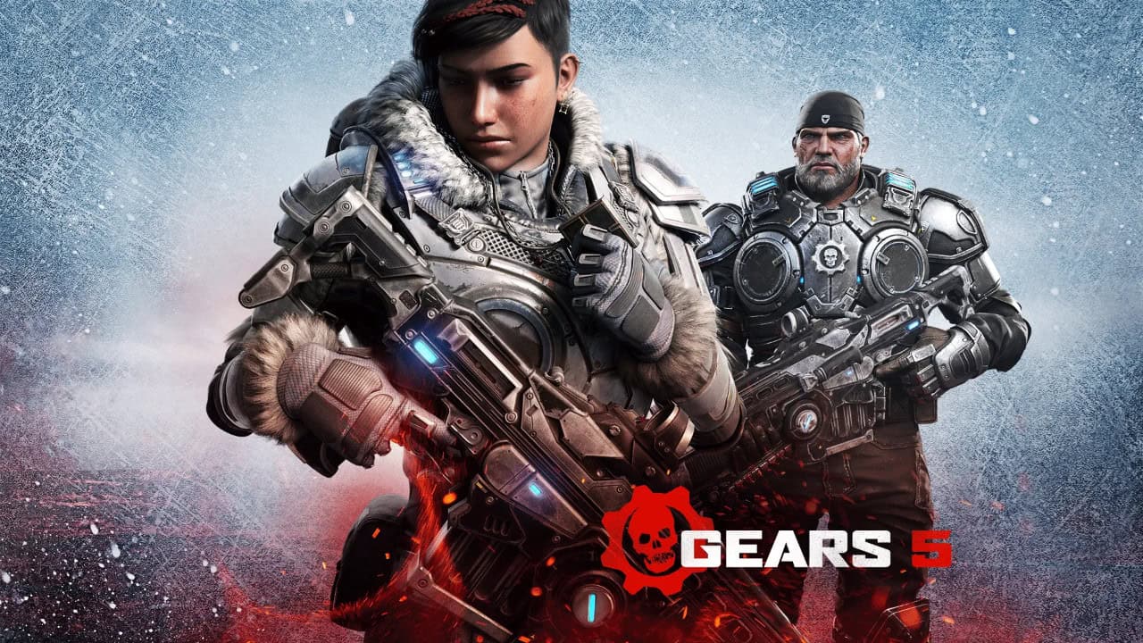Gears 5 video game characters in armour with weapons.