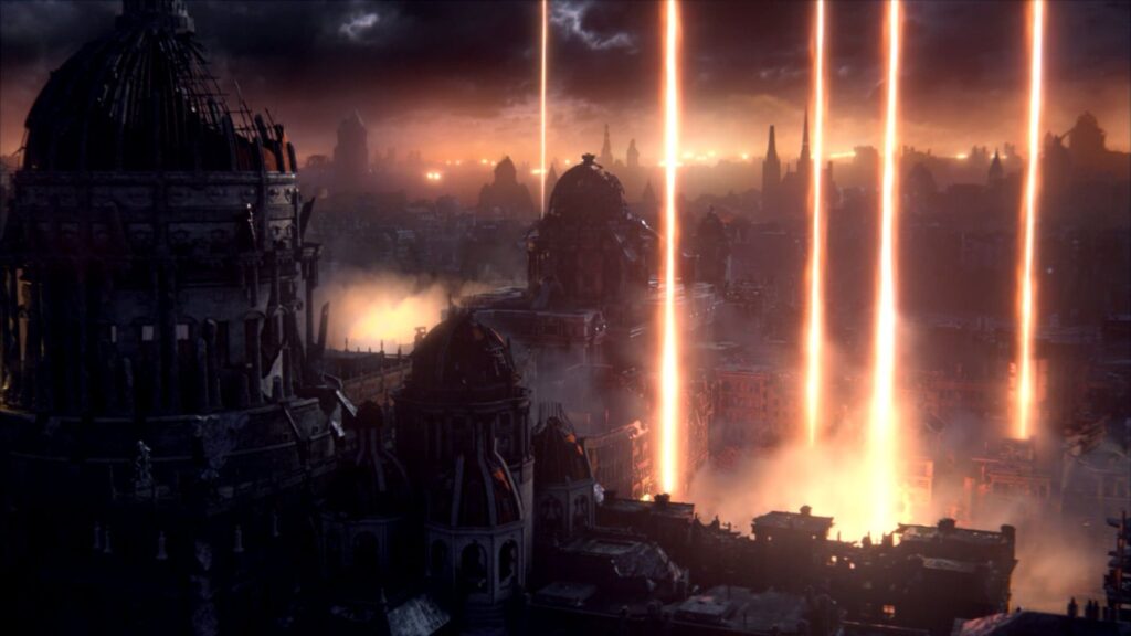 Apocalyptic cityscape with beams of light in dark sky.