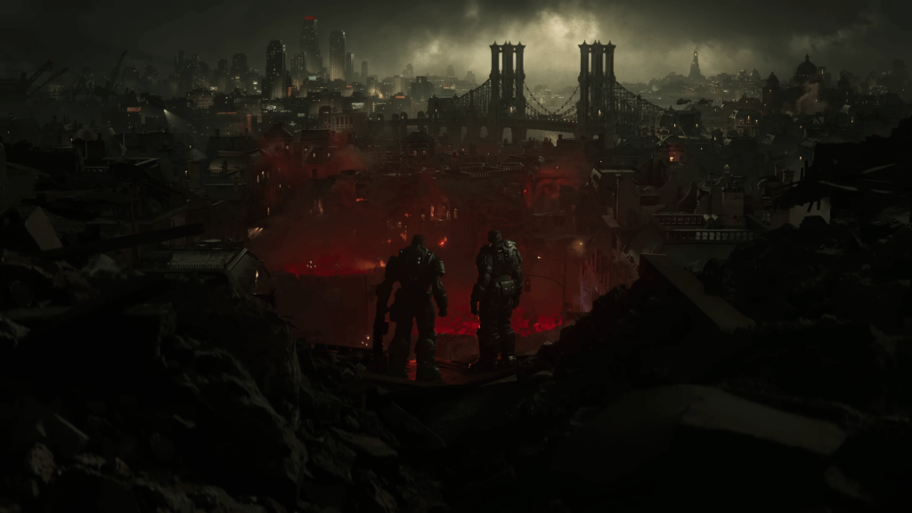 Post-apocalyptic cityscape with two armoured soldiers in rubble.