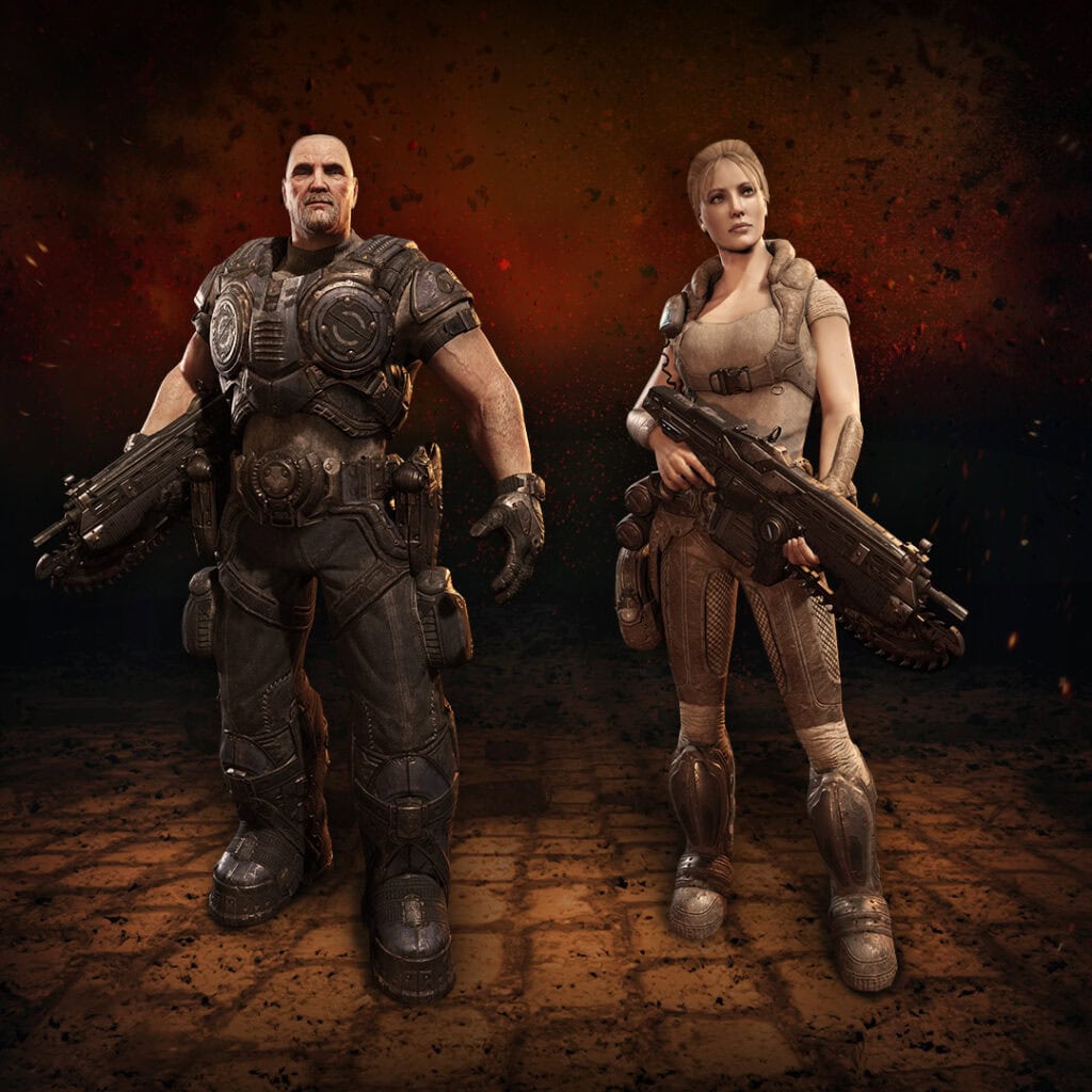 Armoured warriors holding futuristic weapons against fiery backdrop.
