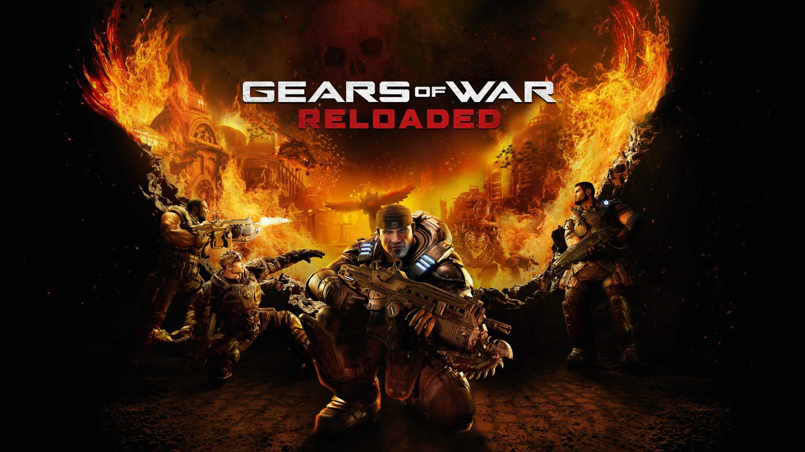 Gears of War Reloaded characters with weapons, fiery background.
