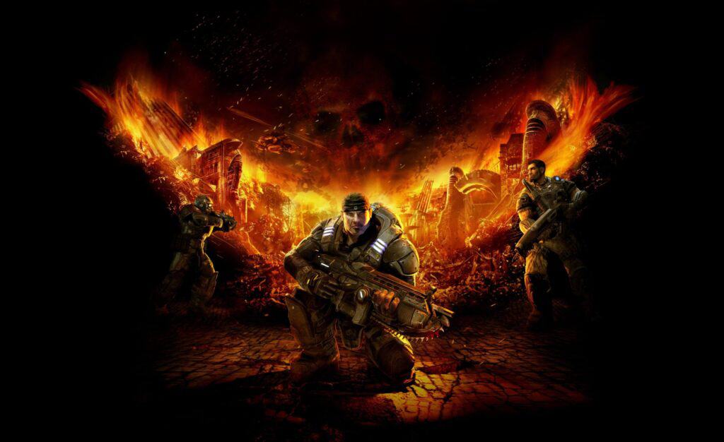 Futuristic soldiers in a burning apocalyptic scene.