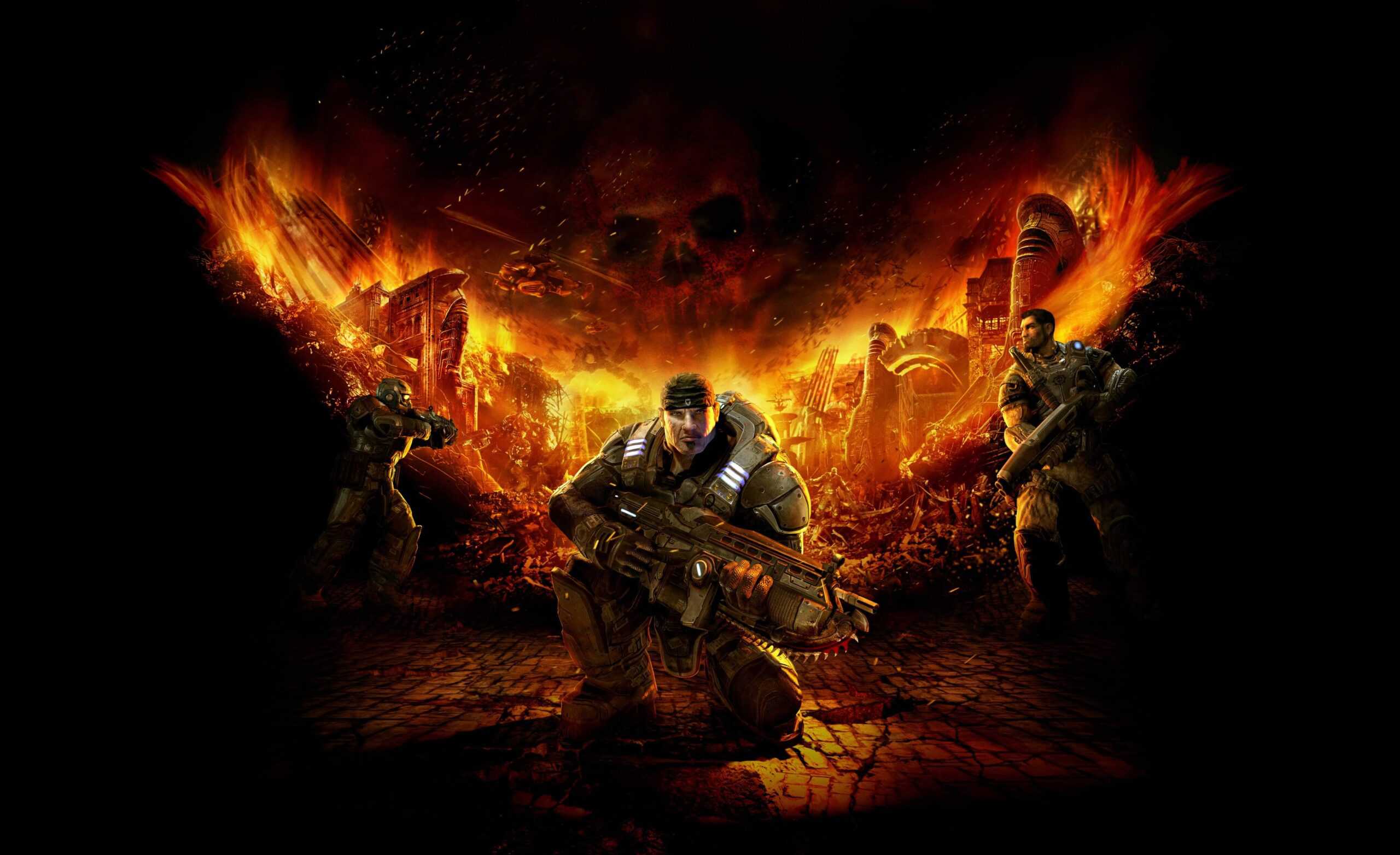 Futuristic soldiers in a burning apocalyptic scene.